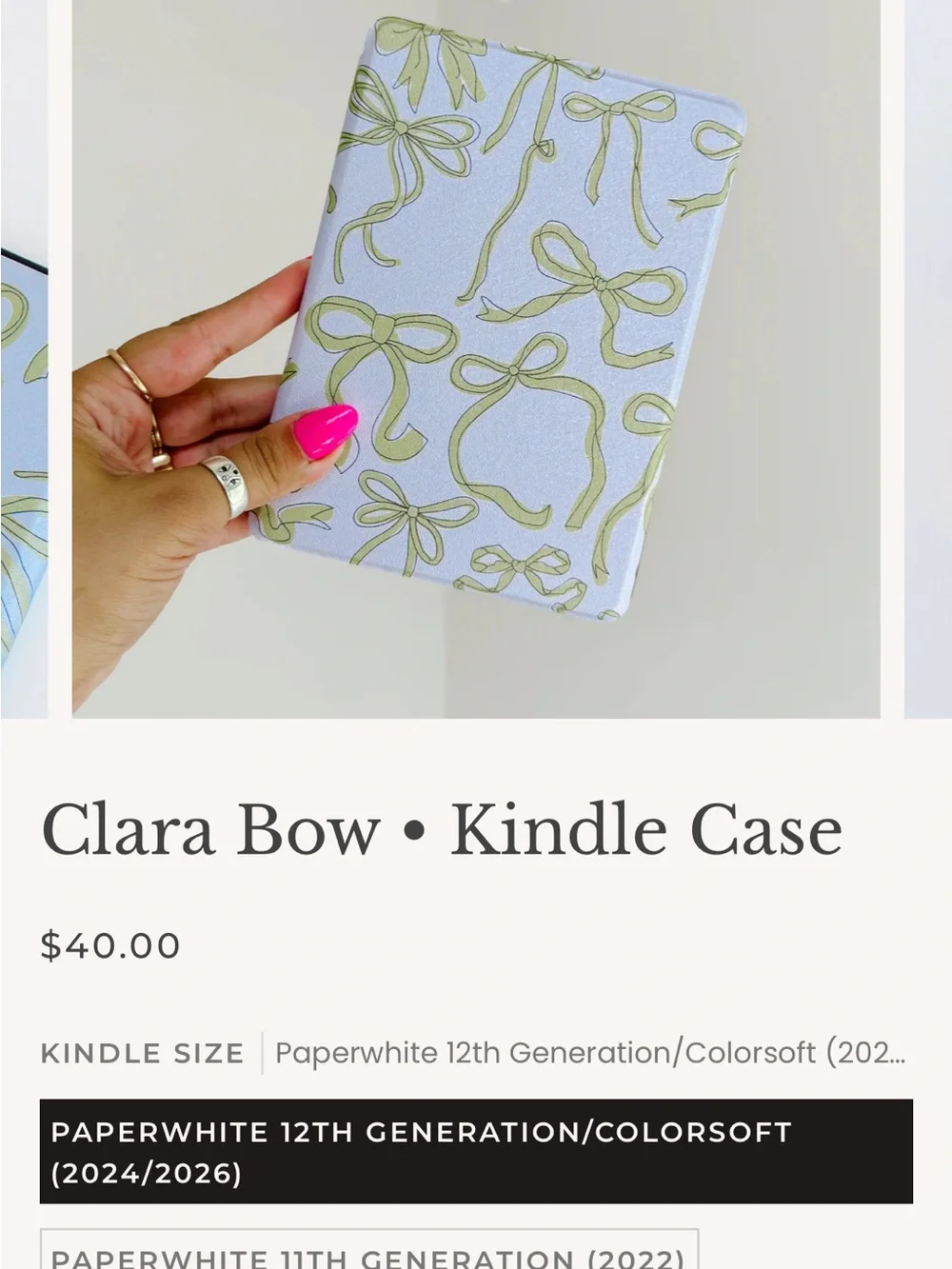 Bow Pattern Tablet Case — Light Silver with Sage Green Bows Kindle case